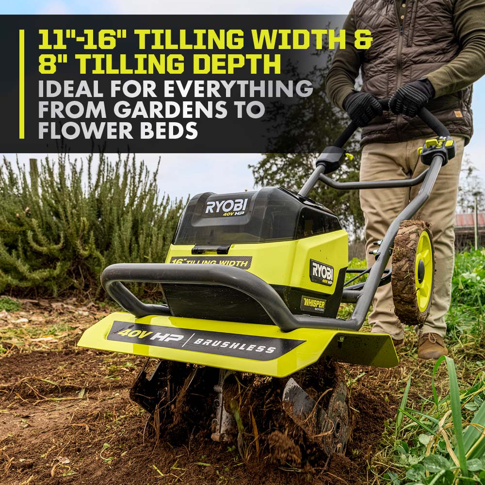 40V HP BRUSHLESS WHISPER SERIES 16″ FRONT TINE TILLER KIT | RYOBI