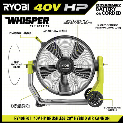 40V HP BRUSHLESS HYBRID WHISPER SERIES 20″ AIR CANNON FAN | RYOBI