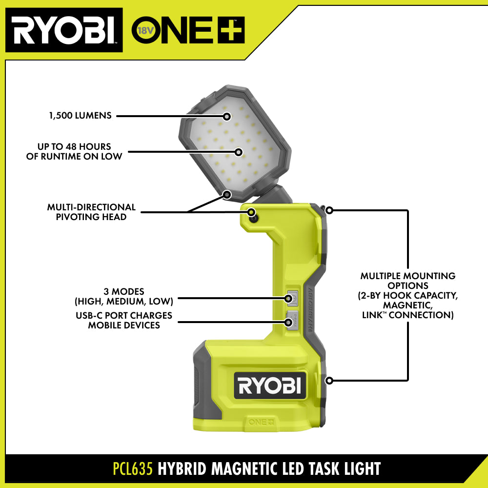 ONE+ 18V HYBRID CORDLESS LED MAGNETIC TASK LIGHT (TOOL ONLY, MAGNETIC LED LIGHT) | RYOBI