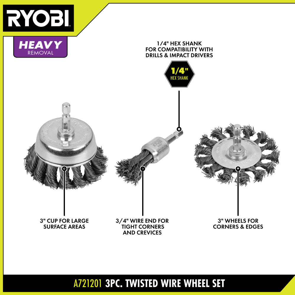 3 PC. TWISTED WIRE WHEEL SET | RYOBI