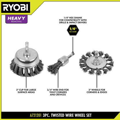 3 PC. TWISTED WIRE WHEEL SET | RYOBI