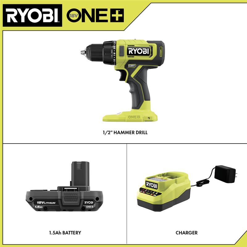 ONE+ 18V CORDLESS 1/2″ HAMMER DRILL KIT | RYOBI