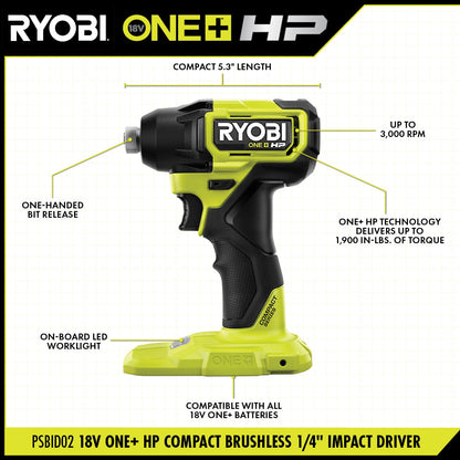 18V ONE+ HP COMPACT BRUSHLESS 1/4″ HEX IMPACT DRIVER | RYOBI