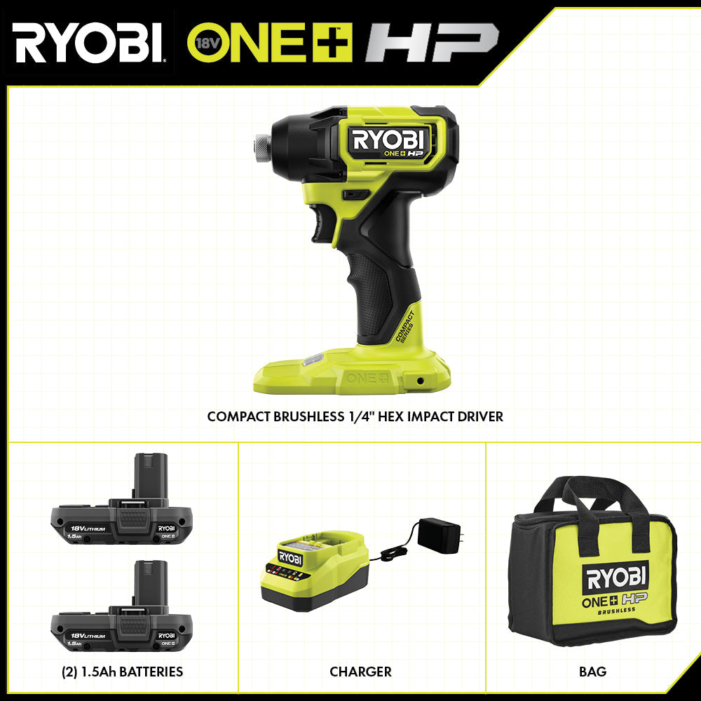 18V ONE+ HP COMPACT BRUSHLESS 1/4″ HEX IMPACT DRIVER KIT | RYOBI