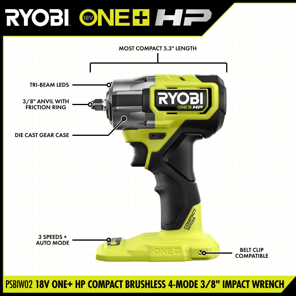 18V ONE+ HP COMPACT BRUSHLESS 4-MODE 3/8″ IMPACT WRENCH | RYOBI