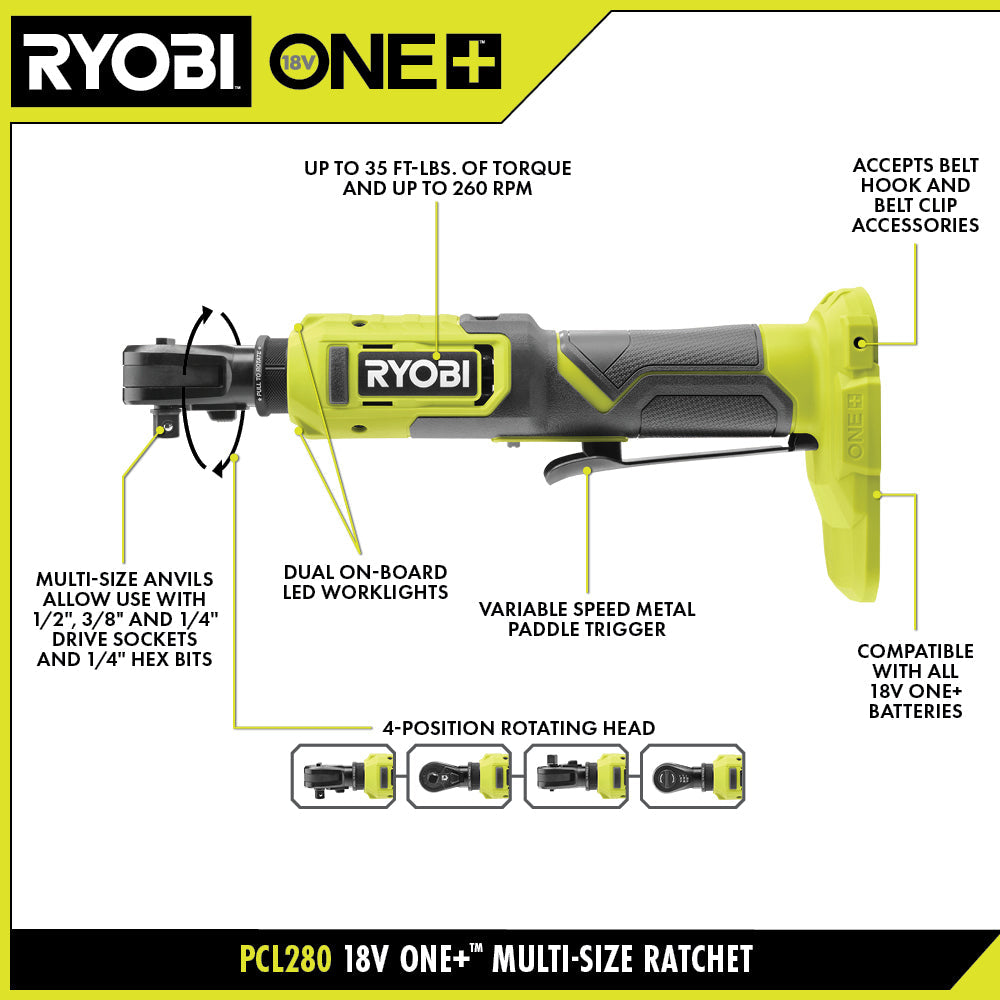 18V ONE+ MULTI-SIZE RATCHET KIT | RYOBI