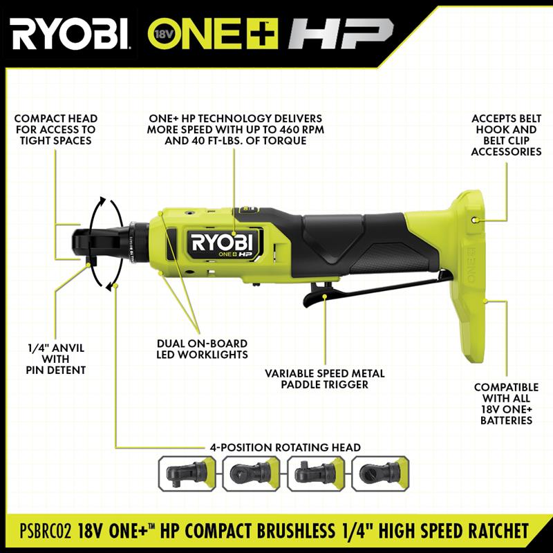 18V ONE+? HP COMPACT BRUSHLESS 1/4″ HIGH SPEED RATCHET | RYOBI