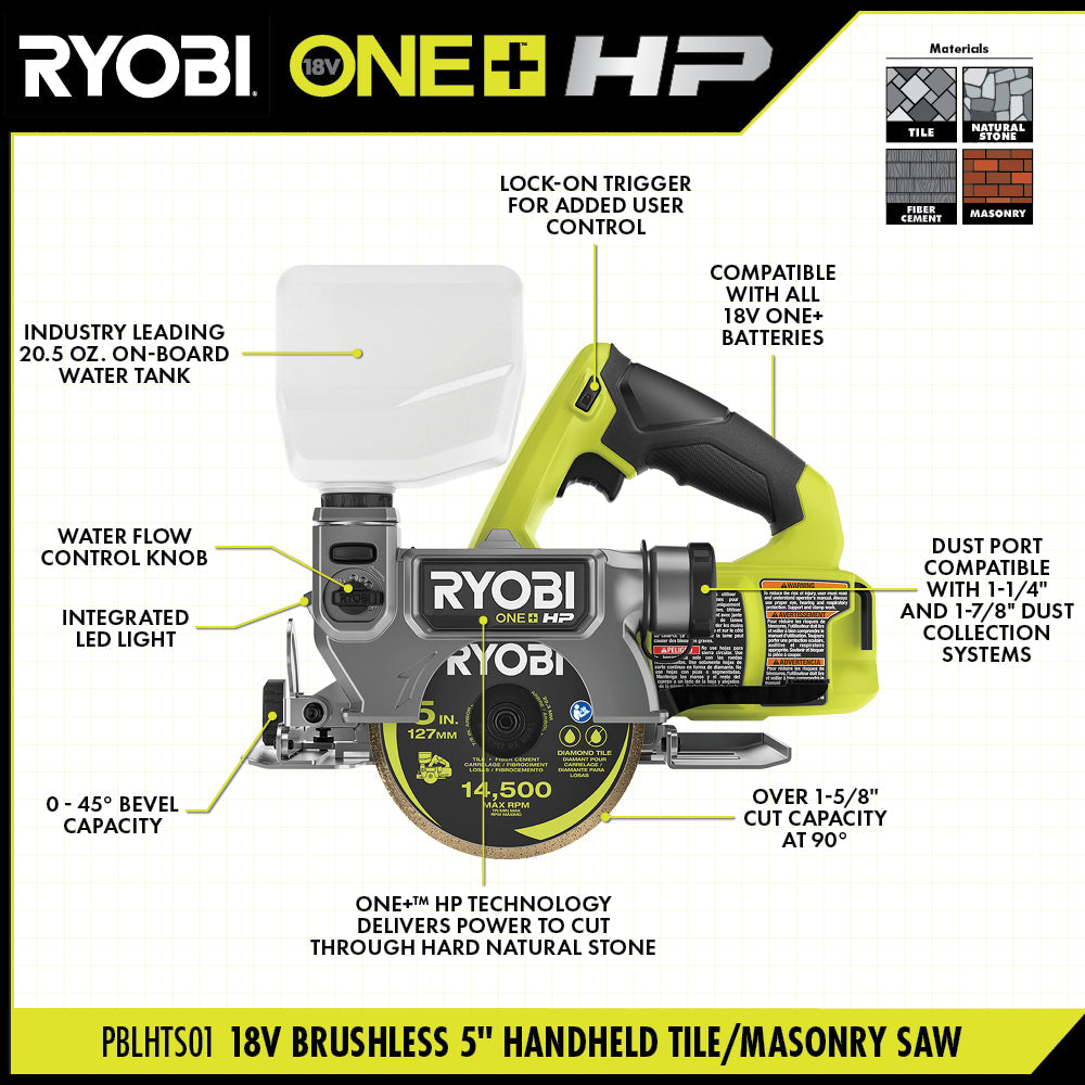 18V ONE+ BRUSHLESS 5″ HANDHELD TILE/MASONRY SAW | RYOBI