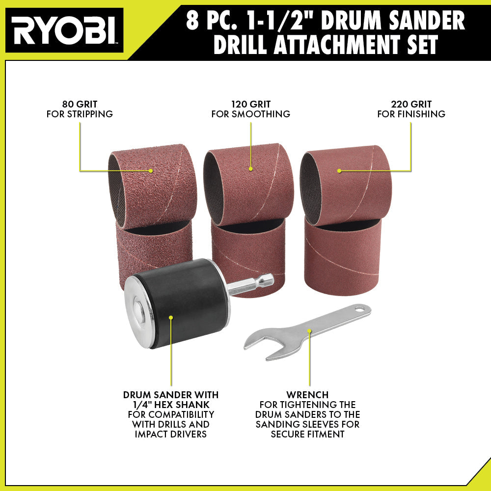 8 PC. 1-1/2″ DRUM SANDER DRILL ATTACHMENT SET | RYOBI