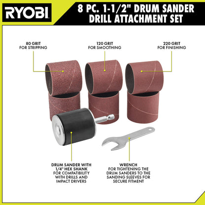 8 PC. 1-1/2″ DRUM SANDER DRILL ATTACHMENT SET | RYOBI