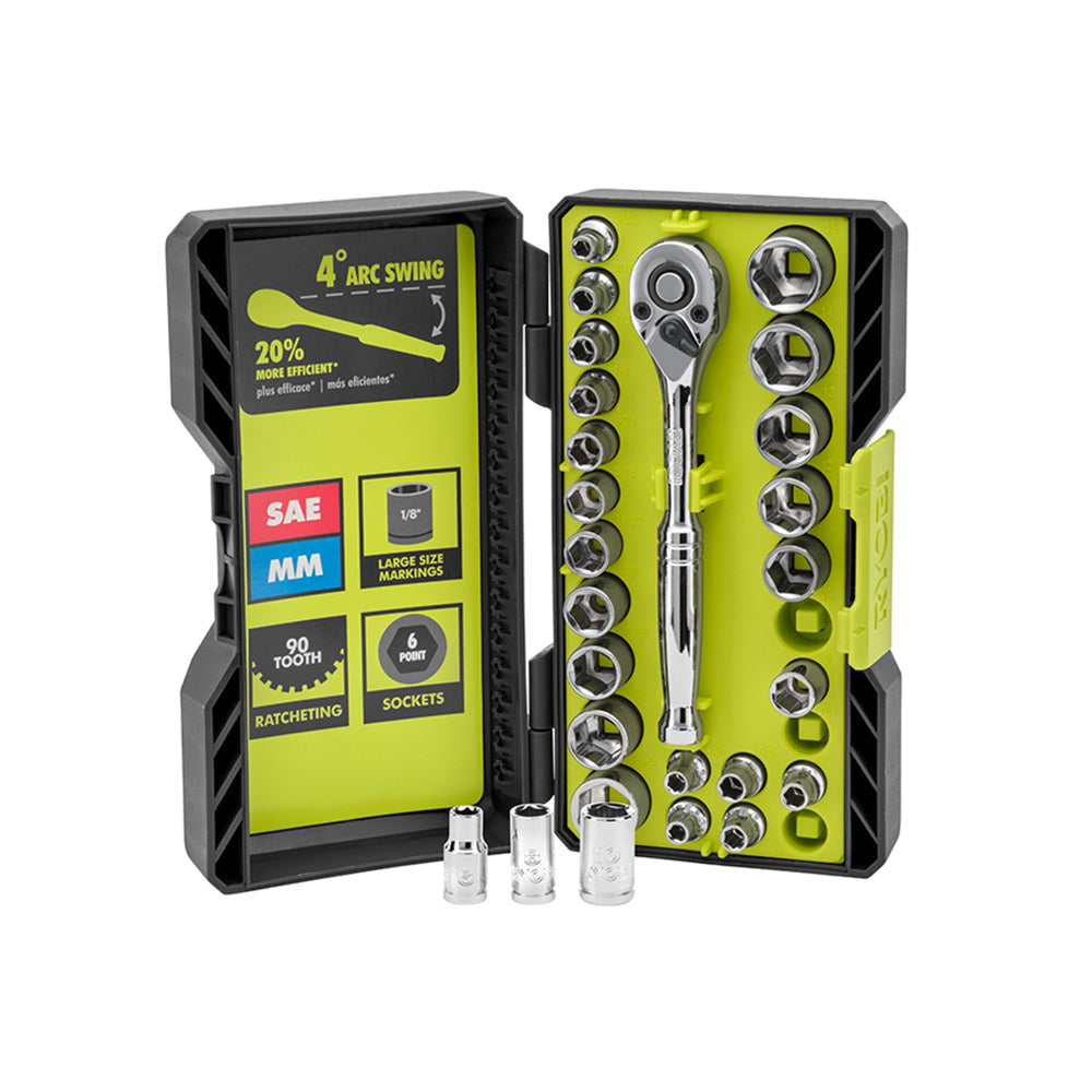 26 PC. 1/4″ DRIVE RATCHET AND SOCKET SET | RYOBI