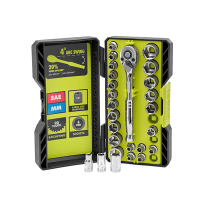 26 PC. 1/4″ DRIVE RATCHET AND SOCKET SET | RYOBI