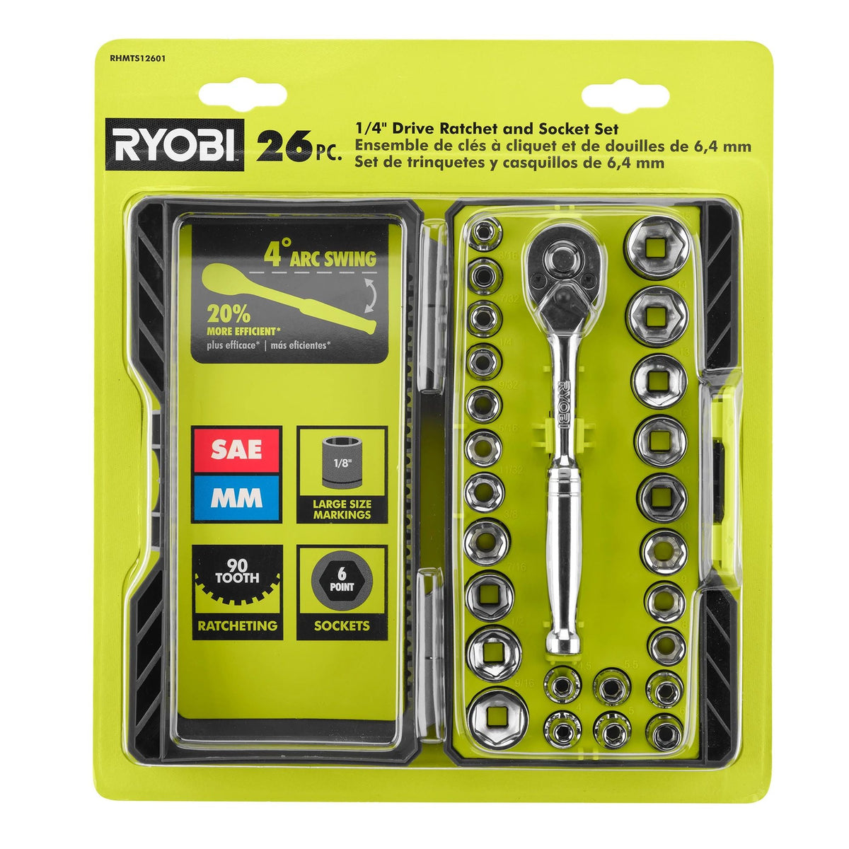 26 PC. 1/4″ DRIVE RATCHET AND SOCKET SET | RYOBI