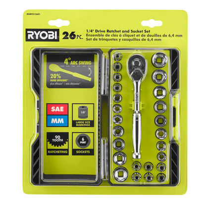 26 PC. 1/4″ DRIVE RATCHET AND SOCKET SET | RYOBI