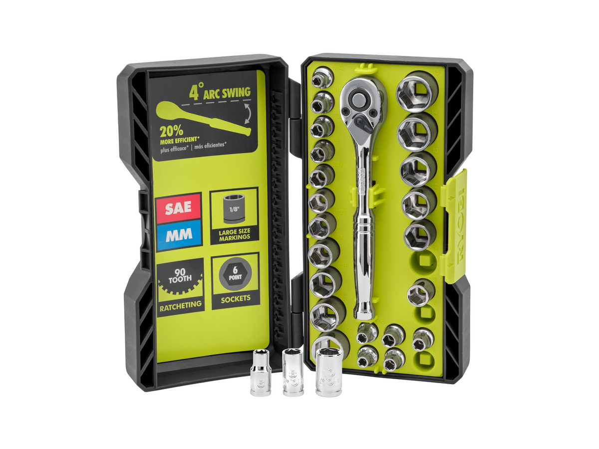 26 PC. 1/4″ DRIVE RATCHET AND SOCKET SET | RYOBI