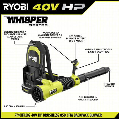 40V HP BRUSHLESS 850 CFM BACKPACK BLOWER KIT | RYOBI