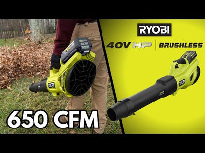40V HP BRUSHLESS WHISPER SERIES 650 CFM 160 MPH LEAF BLOWER CORDLESS WITH 4.0 AH BATTERY AND CHARGER | RYOBI