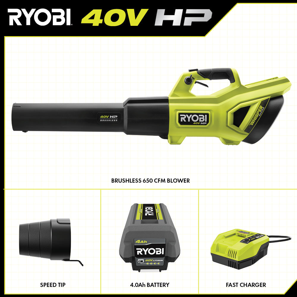 40V HP BRUSHLESS WHISPER SERIES 650 CFM 160 MPH LEAF BLOWER CORDLESS WITH 4.0 AH BATTERY AND CHARGER | RYOBI