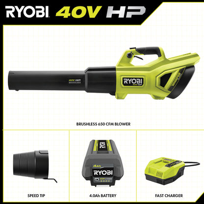 40V HP BRUSHLESS WHISPER SERIES 650 CFM 160 MPH LEAF BLOWER CORDLESS WITH 4.0 AH BATTERY AND CHARGER | RYOBI