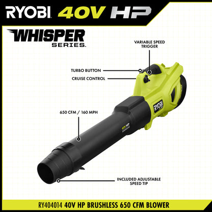 40V HP BRUSHLESS WHISPER SERIES 650 CFM 160 MPH LEAF BLOWER CORDLESS WITH 4.0 AH BATTERY AND CHARGER | RYOBI