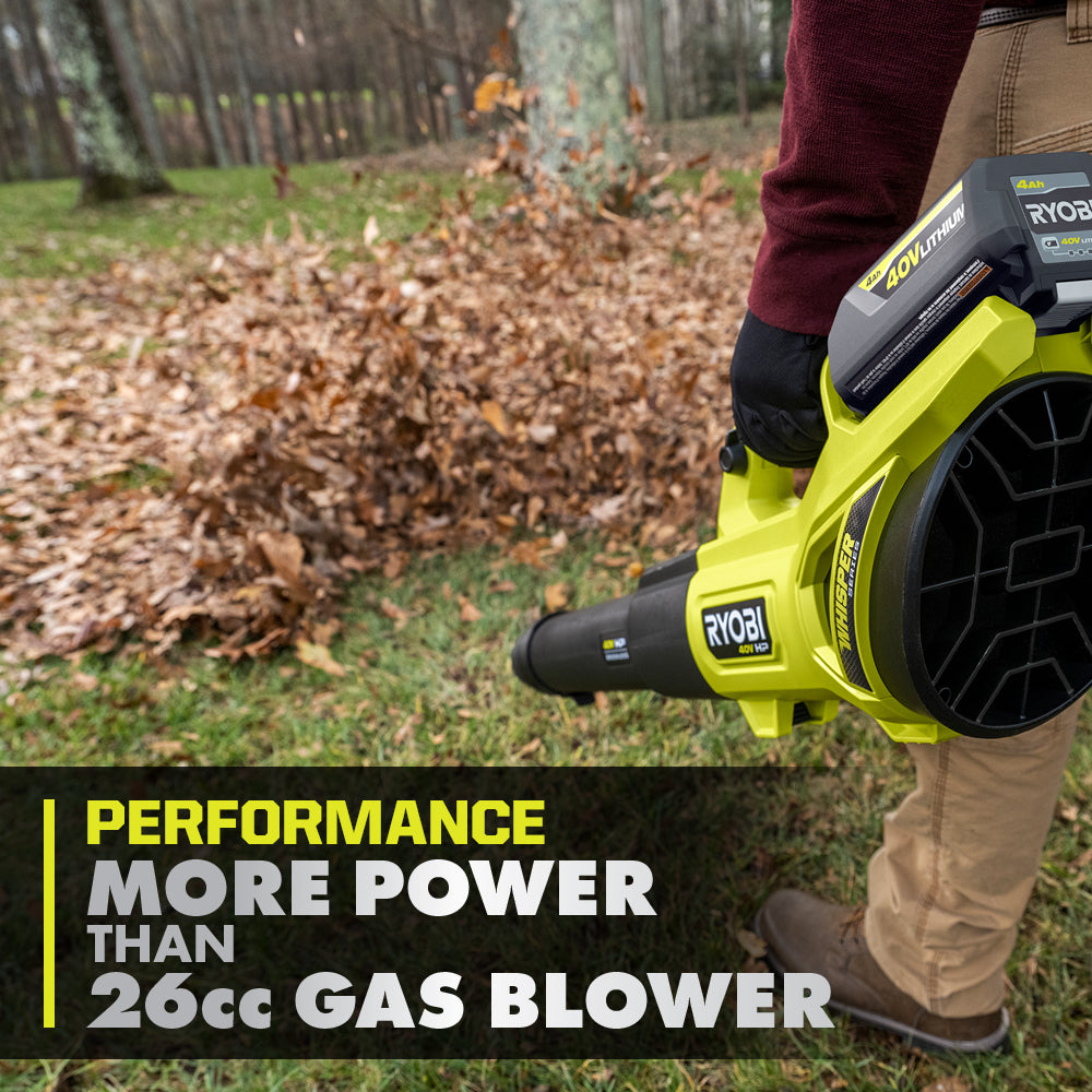 40V HP BRUSHLESS WHISPER SERIES 650 CFM 160 MPH LEAF BLOWER CORDLESS WITH 4.0 AH BATTERY AND CHARGER | RYOBI