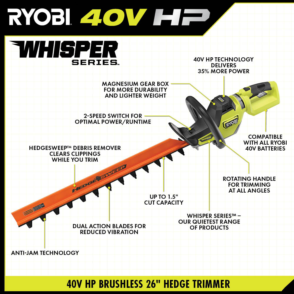 40V HP BRUSHLESS WHISPER SERIES 26″ HEDGE TRIMMER KIT | RYOBI