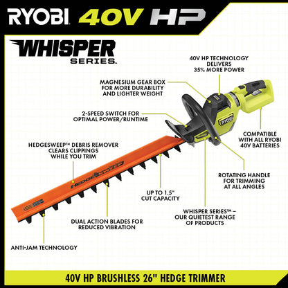 40V HP BRUSHLESS WHISPER SERIES 26″ HEDGE TRIMMER KIT | RYOBI