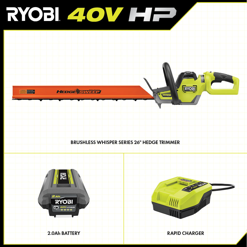 40V HP BRUSHLESS WHISPER SERIES 26″ HEDGE TRIMMER KIT | RYOBI