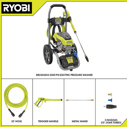 BRUSHLESS 2500 PSI ELECTRIC PRESSURE WASHER WITH FREE 12″ 2300 PSI SURFACE CLEANER | RYOBI