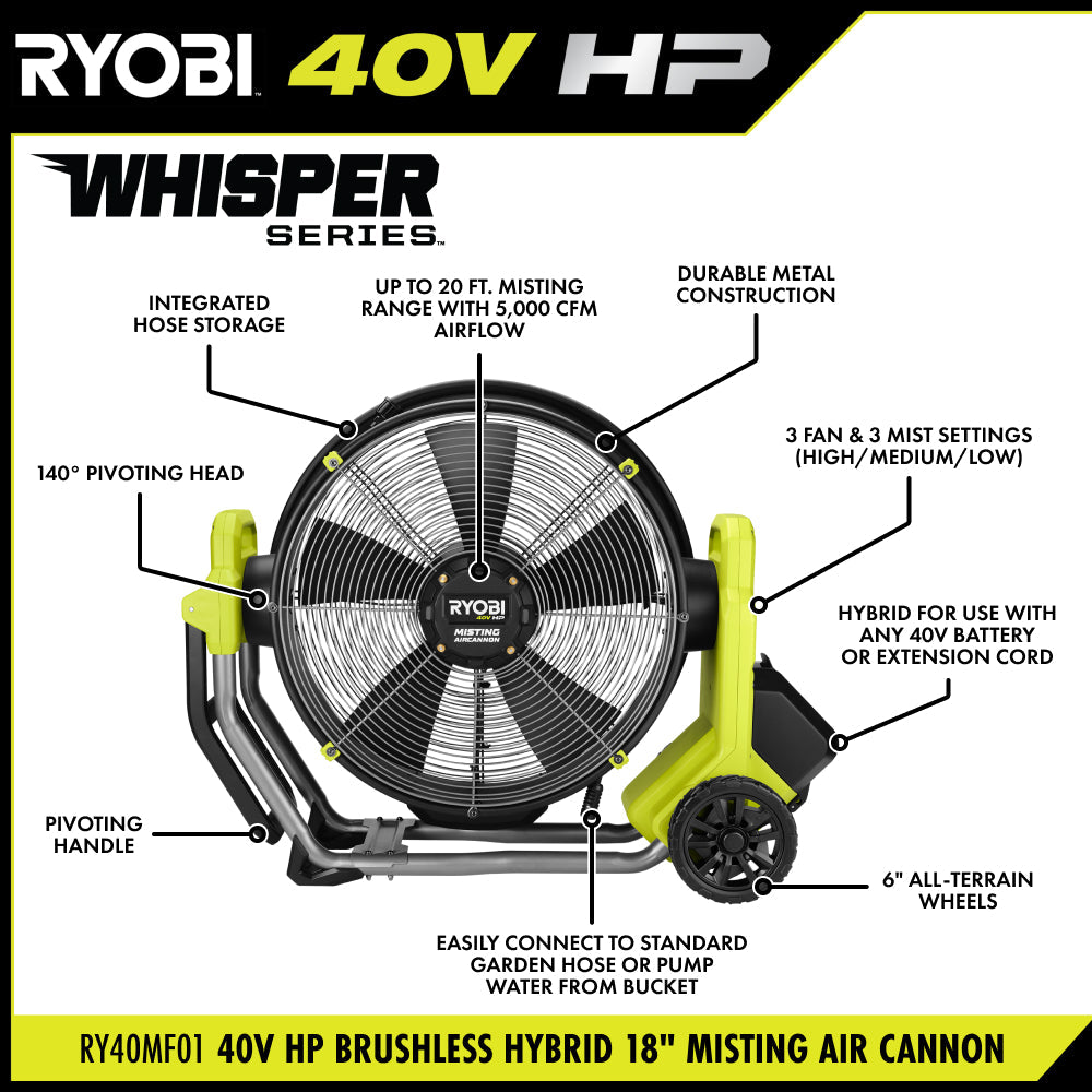 40V HP BRUSHLESS HYBRID 18″ MISTING AIR CANNON | RYOBI