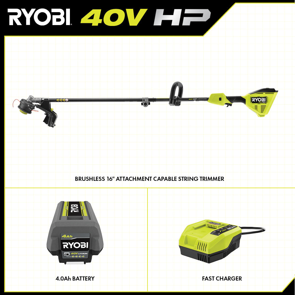 40V HP BRUSHLESS 16″ ATTACHMENT CAPABLE STRING TRIMMER KIT | RYOBI