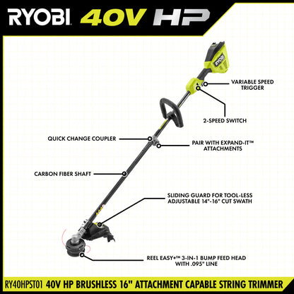 40V HP BRUSHLESS 16″ ATTACHMENT CAPABLE STRING TRIMMER KIT | RYOBI