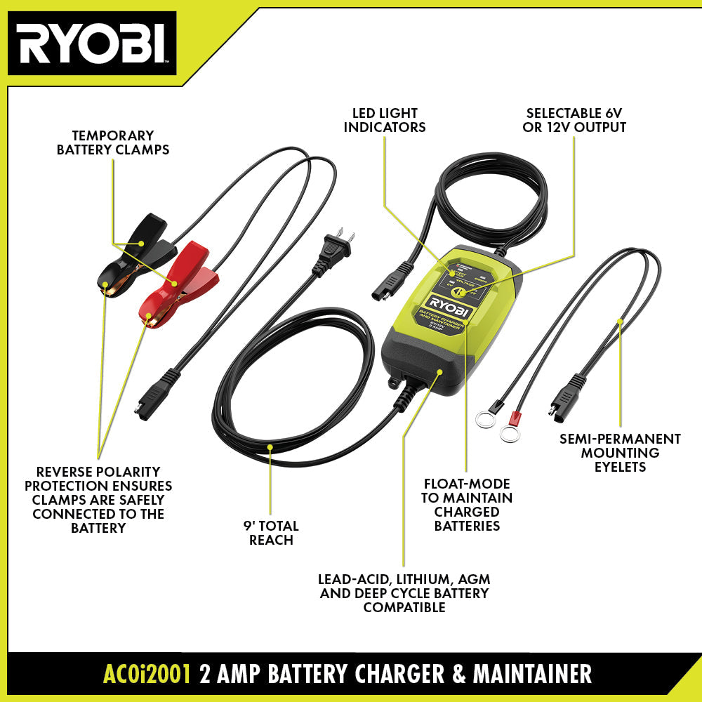 6V/12V 2 AMP BATTERY CHARGER & MAINTAINER | RYOBI