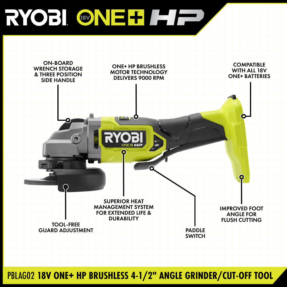 18V ONE+ HP BRUSHLESS 4-1/2″ ANGLE GRINDER/CUT-OFF TOOL KIT | RYOBI