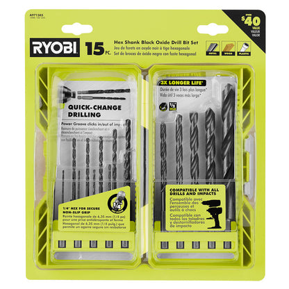 15 PC. BLACK OXIDE HEX SHANK DRILL BITS | RYOBI