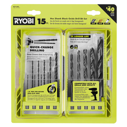 15 PC. BLACK OXIDE HEX SHANK DRILL BITS | RYOBI