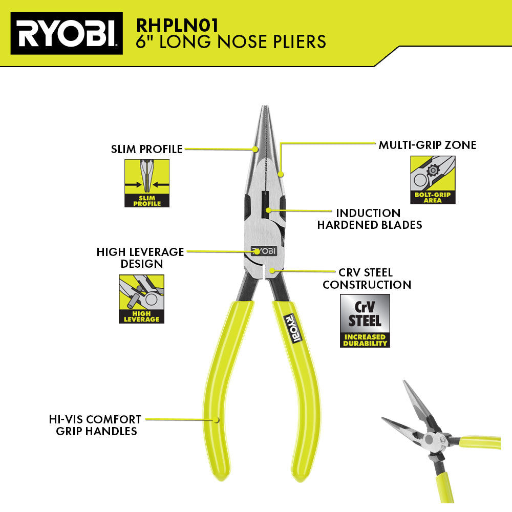 6″ HIGH LEVERAGE LONG NOSE PLIER | RYOBI