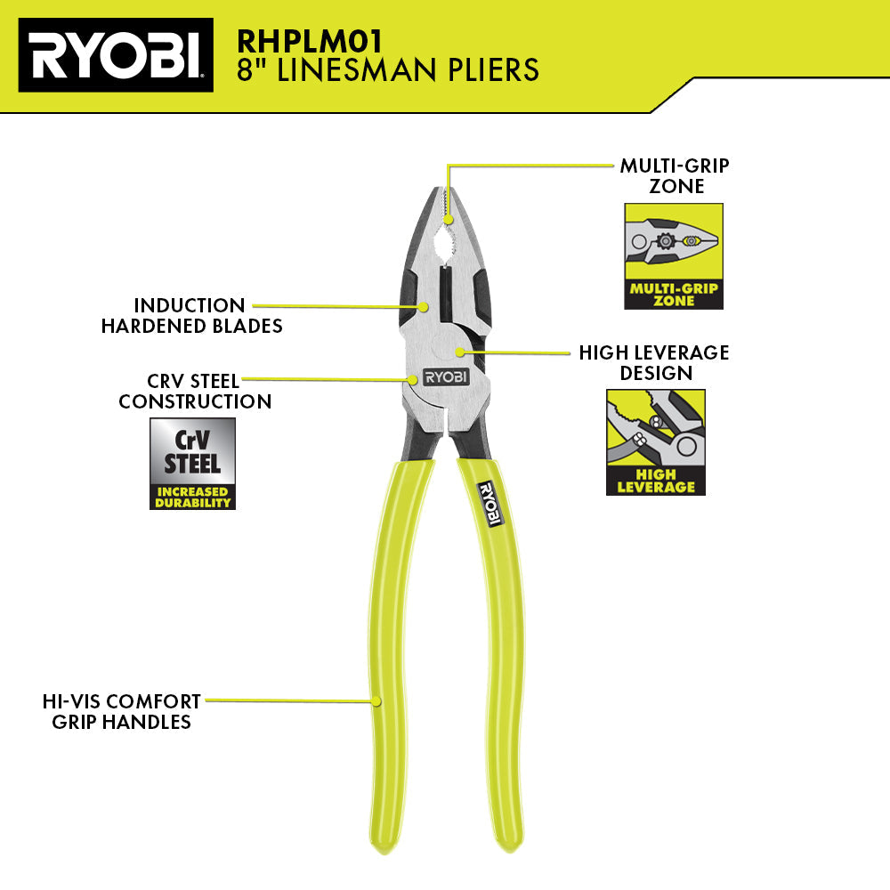 8″ HIGH LEVERAGE LINESMAN PLIER | RYOBI