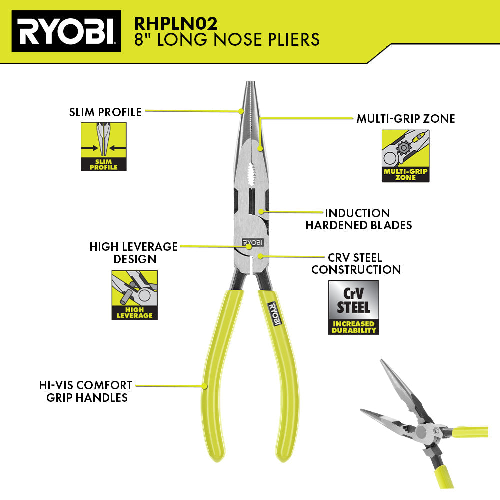 8″ HIGH LEVERAGE LONG NOSE PLIER | RYOBI