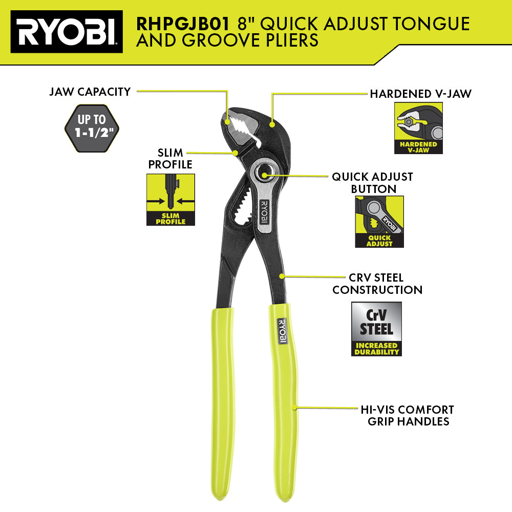 8″ QUICK ADJUST TONGUE AND GROOVE PLIER | RYOBI