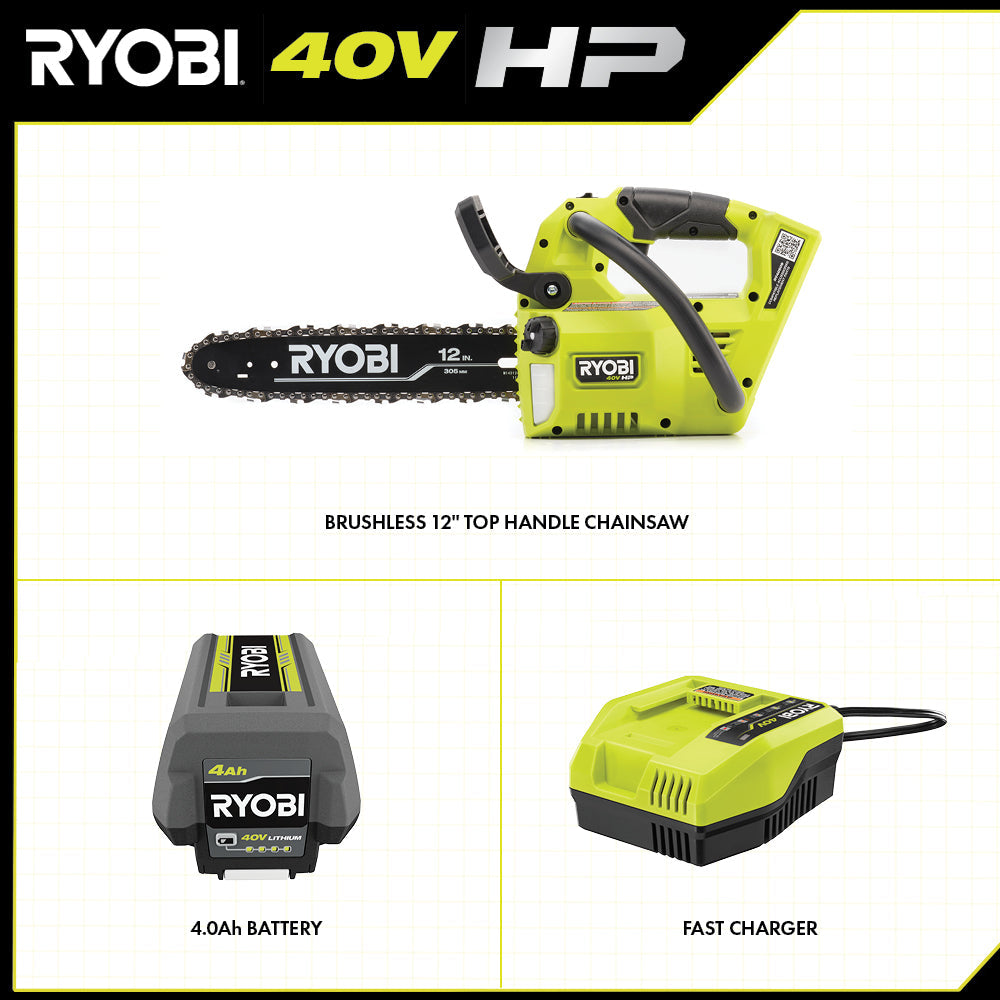 40V HP BRUSHLESS 12″ TOP HANDLE CHAINSAW KIT | RYOBI