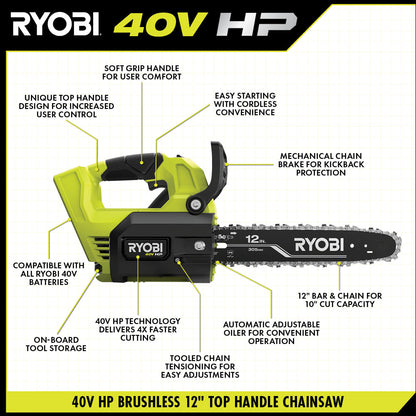40V HP BRUSHLESS 12″ TOP HANDLE CHAINSAW KIT | RYOBI