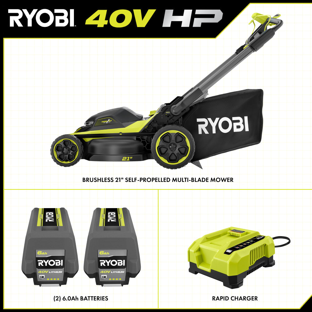 40V HP BRUSHLESS 21″ WALK BEHIND SELF-PROPELLED LAWN MOWER W/ (2) 6.0AH BATTERIES AND CHARGER | RYOBI