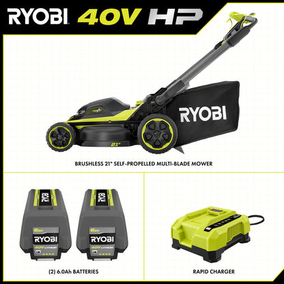 40V HP BRUSHLESS 21″ WALK BEHIND SELF-PROPELLED LAWN MOWER W/ (2) 6.0AH BATTERIES AND CHARGER | RYOBI