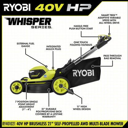 40V HP BRUSHLESS 21″ SELF-PROPELLED AWD MULTI-BLADE MOWER KIT | RYOBI