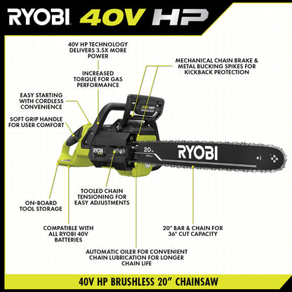 40V HP BRUSHLESS 20″ CHAINSAW KIT | RYOBI