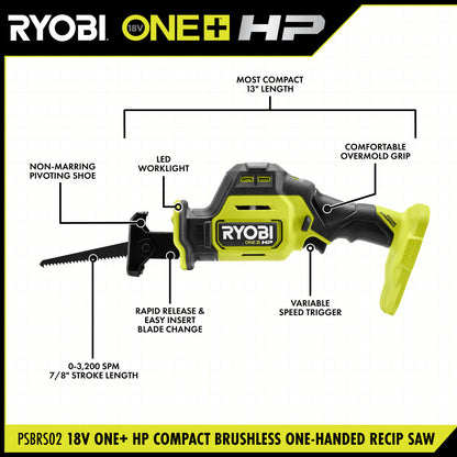 18V ONE+ HP COMPACT BRUSHLESS ONE-HANDED RECIPROCATING SAW | RYOBI