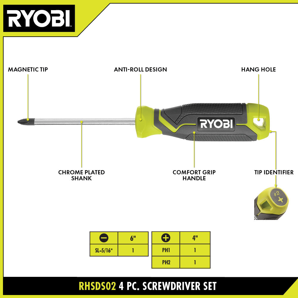SCREWDRIVER SET (4-PIECE) WITH CUSHION GRIP HANDLES | RYOBI