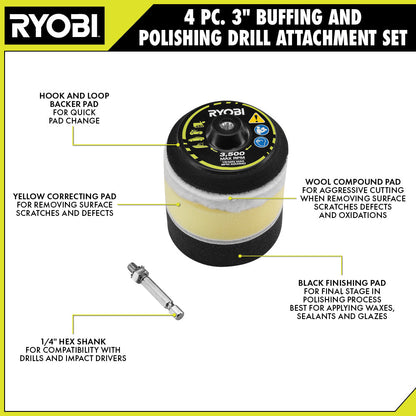 4 PC. 3″ BUFFING AND POLISHING DRILL ATTACHMENT SET | RYOBI