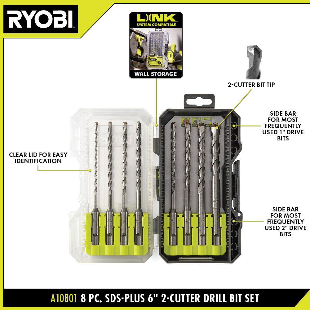 8 PC. SDS-PLUS 6″ 2-CUTTER DRILL BIT SET | RYOBI